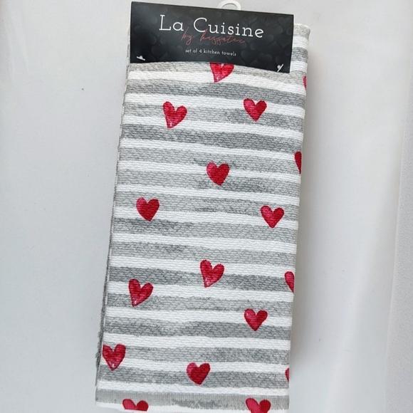 Kitchen Towel Set Of Four (4) Hearts & Stripes  On White (2) Solid Grey NWT - Picture 10 of 10